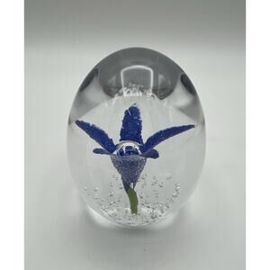 Daum France Art Glass Paperweight 3.25” Egg Shaped Purple Blue Flower Signed